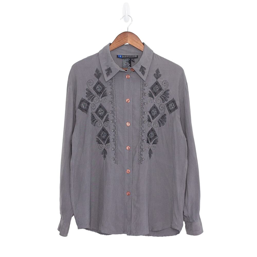 VTG IB Diffusion Western Silk Beaded Blouse Womens 12 Gray Boho Festival Cowgirl